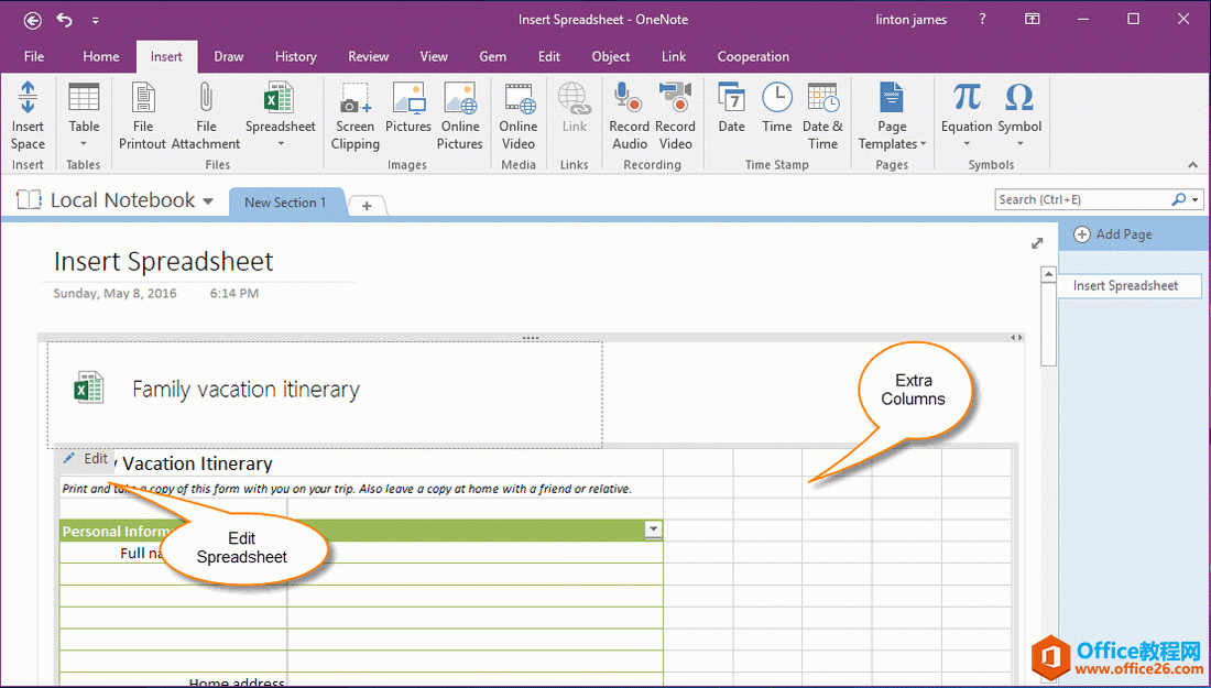 OneNote 中显示 Excel 表格包含多余的空白列