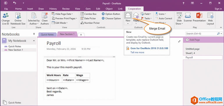 创建一 OneNote 页面做为模板来合并邮件给 Outlook