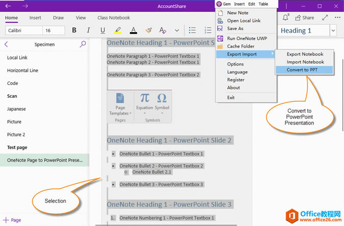 在 OneNote UWP 中选中内容,使用 Gem Menu 转换成 PPT
